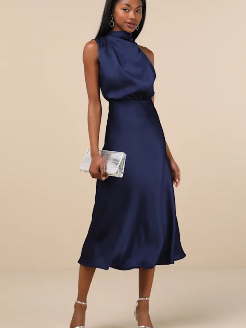 Lulu's Midnight Blue Satin High-Neck Midi Dress